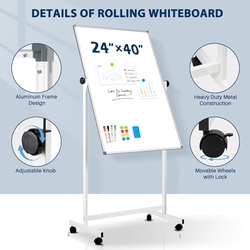 Magnetic Rolling Whiteboard, 40" x 24", Double Sided, Height Adjustable