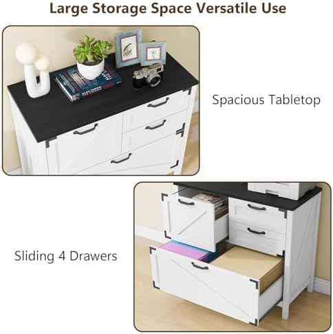 Halitaa Farmhouse Lateral Filing Cabinet with 4 Drawers, Rustic White