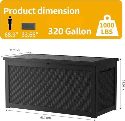 TARKARI 320 Gallon Outdoor Storage Box Waterproof, Resin Deck Boxes with Lockable Lid & UV-Resistant for Patio, Pool, Garden Furniture Cushions & Accessories, Black