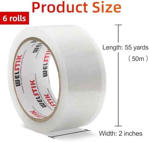 WELSTIK 3" Core, 6 Pack 2.4Mil 2 inch x 60 Yards Heavy Duty Clear Packing Tape with Dispenser, Industrial Shipping Box Transparent Packaging Tape for Moving, Office, Home