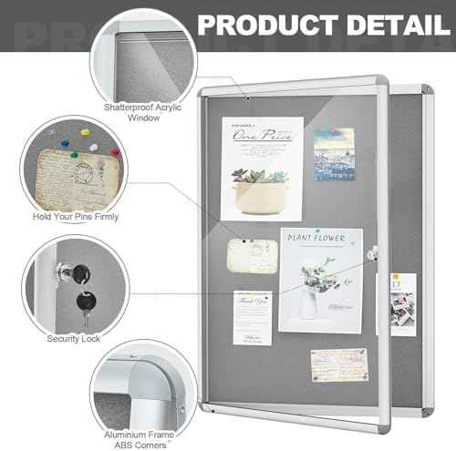 Geetery 36 x 24 Inch Enclosed Bulletin Board with Locking Door Fabric Cork Outdoor Bulletin Board Lockable Display Case, Tamperproof Aluminium Frame Noticeboard Wall-Mounted for School, Office (Gray)
