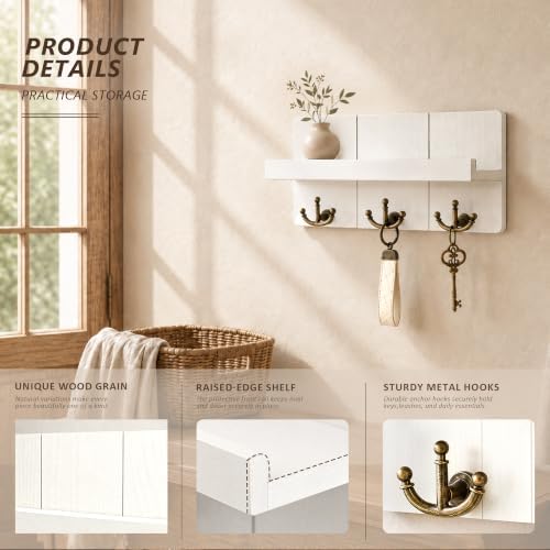 Rebee Vision Key Holder Wall Mount with 3 Anchor Hooks for Entryway, White