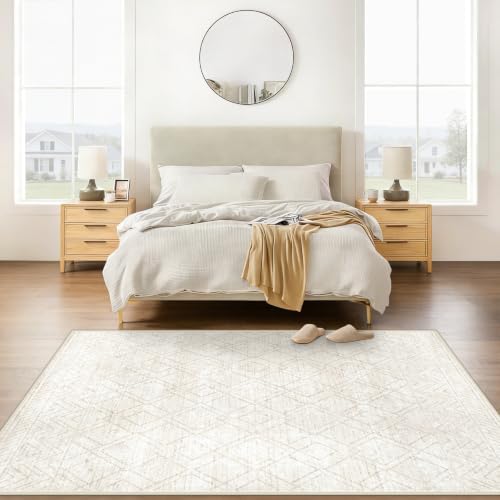 Area Rugs 5x7 Living Room Rug: Washable Geometric Moroccan Neutral Rugs Boho Modern Non Slip Area Rug Soft Indoor Floor Low Pile Carpet for Bedroom Nursery Dining Room Home Office (Beige, 5'x7')