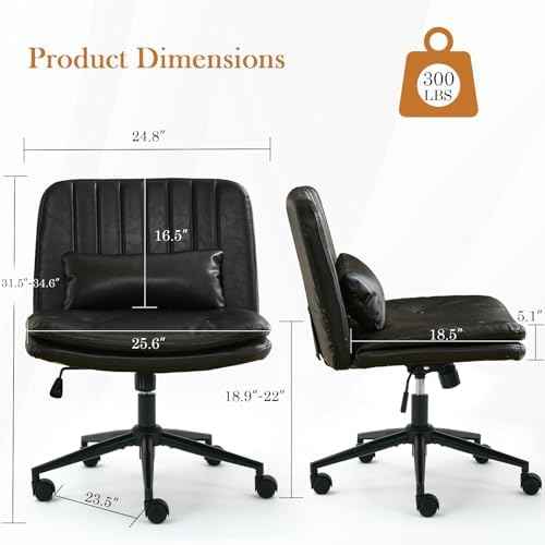 Criss Cross Chair with Wheels, Armless Comfy Thickened Cushion Wide Seat Cross Legged Office Chair with Pillow, Adjustable Swivel Mid Back Computer Task Vanity Home Office Desk Chair (PU, Black)