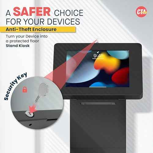 CTA Digital Locking Kiosk & Enclosure – Premium Locking Floor Stand Kiosk with Universal Security Enclosure - Storage and Cable Management for Retail POS - Ordering Screens & More Black (PAD-PARAFPE)