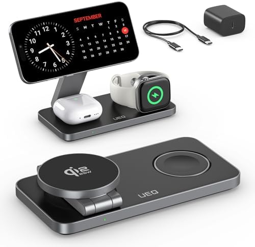 UEQ 3-in-1 Charging Station for Apple Devices,QI2.2 25W Ultra-Fast Magnetic Wireless Charger Stand,Compatible with MagSafe,Foldable Travel Charger for iPhone Air/17/16/15/14/13/12,Apple Watch,AirPods