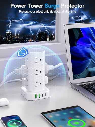 Power Strip Tower with Multiple Outlets, Flat Plug Surge Protector Tower Extension Cord with 12 AC Outlets 4 USB Ports (2 USB C), 6FT Cord Power Tower Surge Protector for Home Office Dorm Room, White