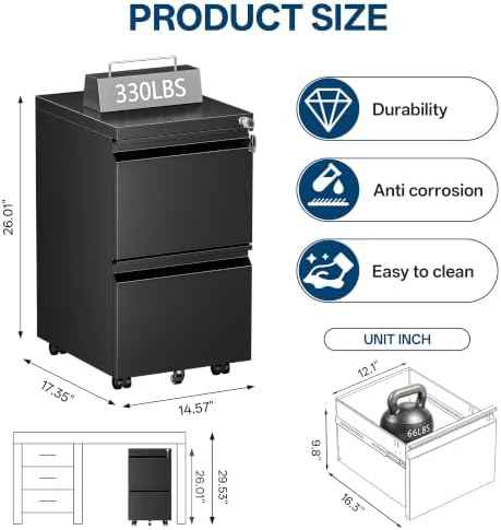 Fully Assembled 2 Drawer Mobile File Cabinet with Lock