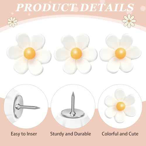Sawysine 60 Pcs Cute Push Pins Decorative Push Pins Thumb Tacks Colorful Flower Pushpins, Flower Thumb Tack for Cork Board Wall Office Home (White)