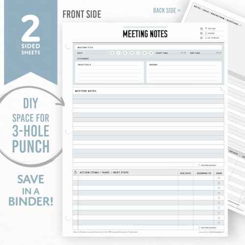 Meeting Notepad - 8.5 x 11-50 Sheets Double Sided Work School Meeting Pad Objectives, Agenda, Notes, Action, Tasks, Project Pads
