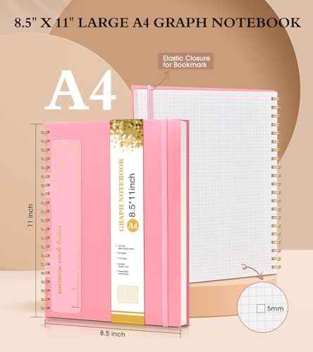 Graph Paper Notebook, Spiral Notebook Journal 8.5” x 11”, A4 Large Grid Notebooks for Women Men, 100 GSM Graph Paper, Plastic Hardcover Spiral Graphing Journals for Work School Engineering, Pink