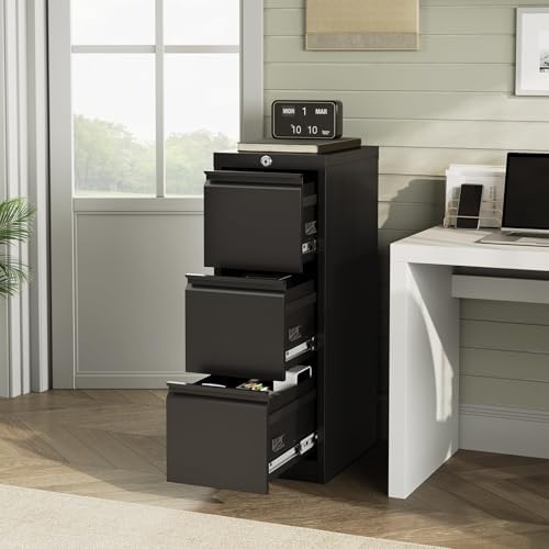 GAOMON 3-Drawer File Cabinet with Lock - Heavy Duty Metal Filing Cabinet for Letter/Legal/A4/F4 Documents Vertical Storage for Home Office Requires Assembly, Black (3 Drawers)