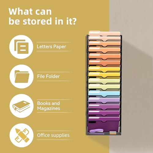 SUPEASY 16-Tier Hanging Wall File Holder Organizer for Papers, Folders, Files Clipboard & Magazine Organization Great for Office Home, Assembly Needed, Black