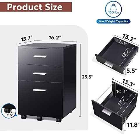 DEVAISE 3 Drawer Wood File Cabinet, Under Desk Filing Cabinet, Black