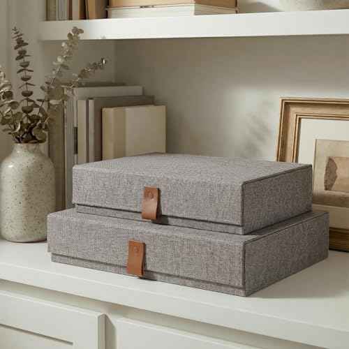 ZICOTO Decorative Photo Storage Boxes with Lids - Set of 2 Linen Organizers