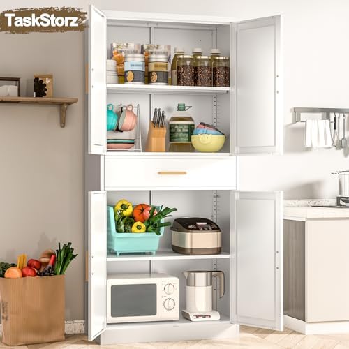 71" Tall Kitchen Pantry Cabinet, Metal Kitchen Pantry Storage Cabinet with Drawer and 2 Adjustable Shelves, Freestanding Pantry Cupboard for Living, Dining Room, White