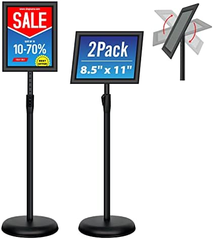 2Pack 8.5x11 Inch Adjustable Pedestal Poster Sign Stand, Heavy Duty Floor Standing Sign Holder Stand Aluminum Snap Open Frame for Vertical and Horizontal View Sign Displayed(Black)