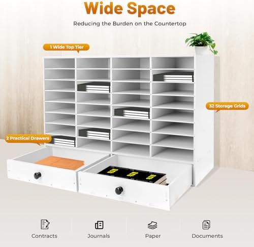 Literature Organizers, 32 Compartments Office Mailbox with Adjustable Shelves and 2 Drawers, Wood Literature Sorter 39.4*12*25.2in inches for Office, Classroom, Mailrooms Organization (White)