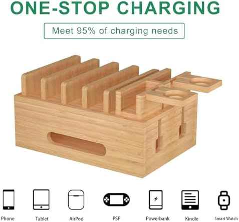 Bamboo Charging Station for Multiple Devices, Multi-Port USB Charger Organizer Stand for Phone, Earphone, Smart Watch, Desktop Cord Storage Holder for Home Office