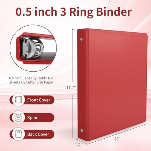 SUQJOY 0.5 Inch 3 Ring Binders with 2 Interior Pockets, 6 Pack
