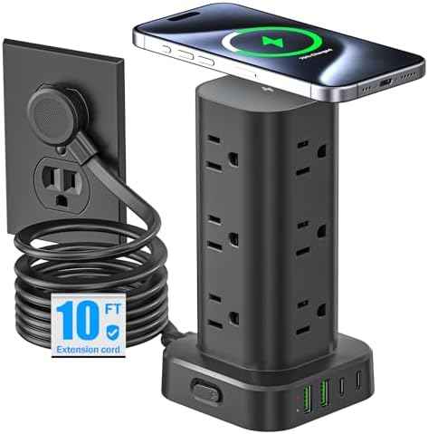 Tower Power Strip with 15W Wireless Charger, 10FT Flat Plug Extension Cord with Multiple Outlets, 12 AC Outlets, 4 USB Ports (2 USB C) Charging Station Surge Protector for Office Home Dorm Room(Black)