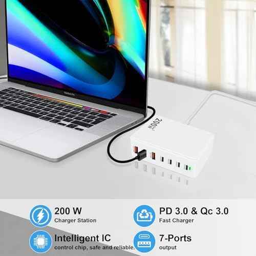 USB C Charger Station 200W PD QC3.0 GaN Fast Charging Block 7 Port (White)