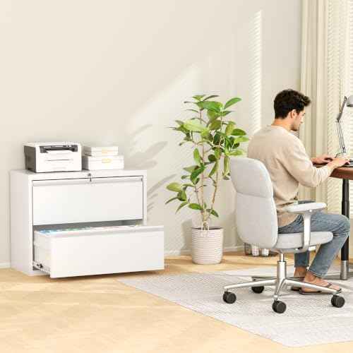 Greenvelly 2 Drawer File Cabinet, Metal Filing Cabinet with Lock, Locking File Cabinet for Home Office, Lateral File Cabinet for Letter/Legal/F4/A4 Size Hanging Files, Easy Assembly, White