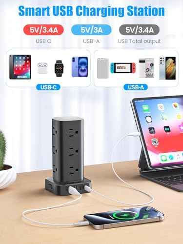 Tower Power Strip with 15W Wireless Charger, 10FT Flat Plug Extension Cord with Multiple Outlets, 12 AC Outlets, 4 USB Ports (2 USB C) Charging Station Surge Protector for Office Home Dorm Room(Black)