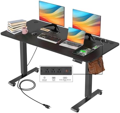 Electric Standing Desk, 55x24in Adjustable Height Computer Desk with Wheels, Sit-Stand Desk with Charging Station, 2 USB Ports, 3 Power Outlets, Spacious Workstation for Home Office(Black)