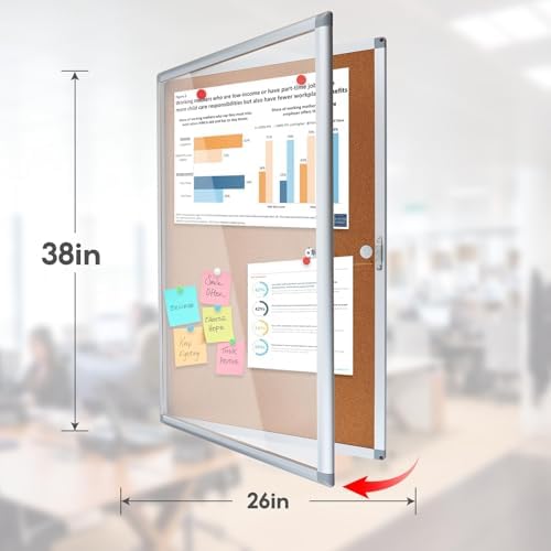 Enclosed Cork Bulletin Board Tamper-Proof Dispaly Case, Aluminium Frame, All-Weather Cork Noticeboard, Outdoor Enclosed Cork Board for School, Office, Restaurant, Hospital (38 X 26 Inches)