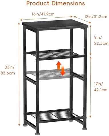 Industrial 3 Tier Printer Stand, Home Printer Wood Table with Wire Storage Shelf for Scanner Fax Machine, Heavy Duty Metal, Black with Burly Wood Board
