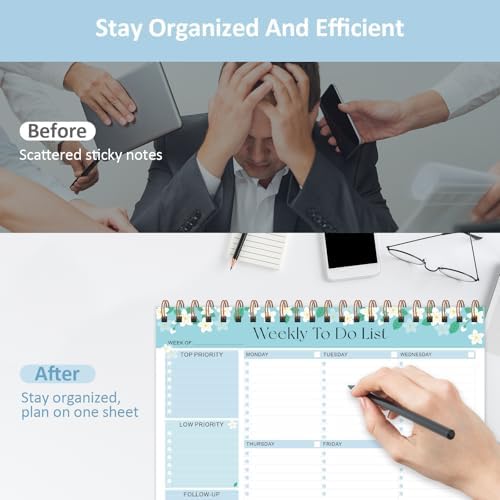 Weekly To Do List Notepad, 52 Sheets Undated Weekly Planner, 8.5"x11" Letter Size Horizontal Desk Pad with 100GSM Thick Paper, Twin-Wire Spiral Bound Tear Off Lined Organizer for Office Work, School & Home