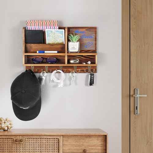 Key Holder Wall Mount, Mail Organizer Wall Mounted, Solid Wood Key Holder for Wall Living Room Entryway Home Decor, with 10 Key Hooks, Shelf, Marker Pen, 15.7" x 10.2" x 2.8"