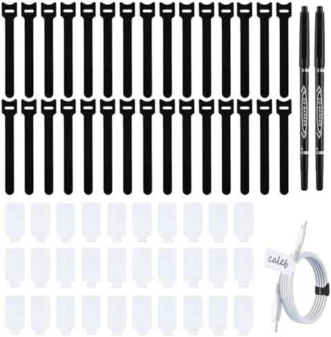 Cable Labels for Cords, 60 Pack Reusable Hook and Loop Ties, 2 Markers