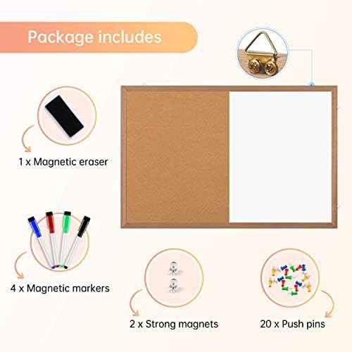 Combination Magnetic Whiteboard Cork Bulletin Board, 24" X 18“ Combo Dry Erase White Board Cork Pin Board for Wall with Natural Wood Frame…
