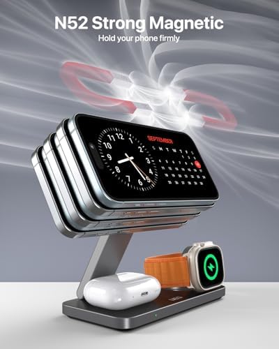 UEQ 3-in-1 Charging Station for Apple Devices,QI2.2 25W Ultra-Fast Magnetic Wireless Charger Stand,Compatible with MagSafe,Foldable Travel Charger for iPhone Air/17/16/15/14/13/12,Apple Watch,AirPods