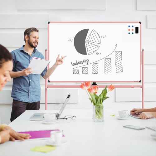 Large Dry-Erase Rolling Magnetic Whiteboard - 48 x 32 Inches Dry Erase Board with Stand Height Adjust Double Sides Mobile White Board Easel on Wheels with 25 Sheets Paper Pad Office, Home & Classroom