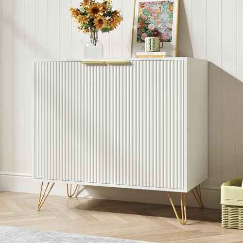Fluted Storage Cabinet Sideboard Accent Cabinet with 2 Doors, White, 1PC丨Buffet Cabinet with Metal Legs and Adjustable Shelf for Kitchen, Dining Room, Living Room, Office