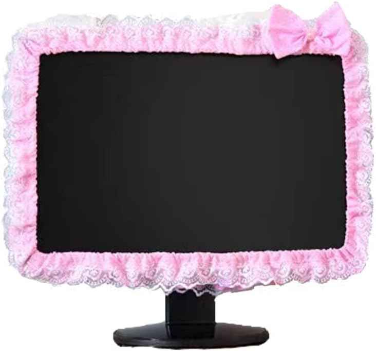 Computer Monitor Cover with Lovely Cute Elastic Pen Pocket Bow-knot TV LCD Screen Monitor Decoration Dust Cover Protector, lace fabric (17''-22''，Pink)