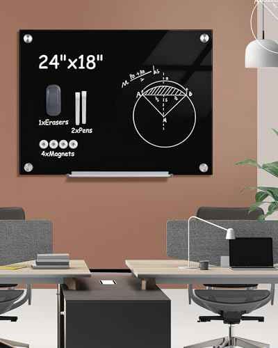 Mifuro Magnetic Glass Whiteboard，24"x18" Wall Mounted Frameless Dry Erase Board for Office, Home & School Black