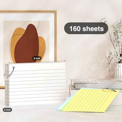 Colored Index Cards 4 x 6 Inch, 160 Count Lined Flash Cards with Ring