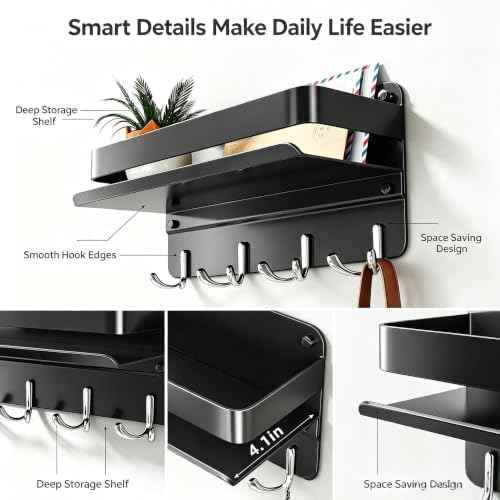 Modern Key Holder Wall Mount with Shelf, Metal Mail Holder with 8 Key Hooks