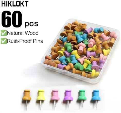 Colorful Wood Push Pins, Decorative Wooden Thumb Tacks for Cork Board and Bulletin Board, Map Pins for Wall, 60 Pieces