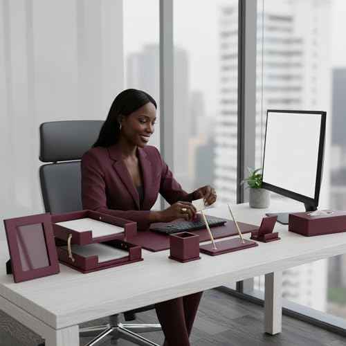 Leather Desk Set,13-Piece Desk Organizer Set, Executive Office Accessories with Desk Pad & Blotter, 2-Tier Tray, Pen Holder & More, Professional Office Desk Decor & Gift Set (Burgundy)