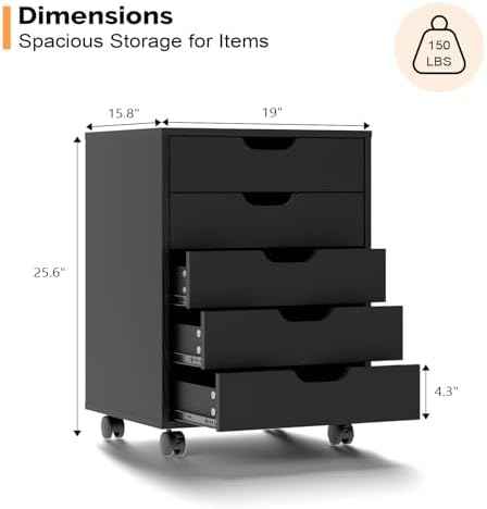 VINGLI 5 Drawers Mobile File Cabinet with Wheels, Under Desk Storage Organization, Vertical Filing Chest Rolling Wood Small Desk Printer Stand for Home Office, 19" W × 15.8" D × 25.6" H, Black