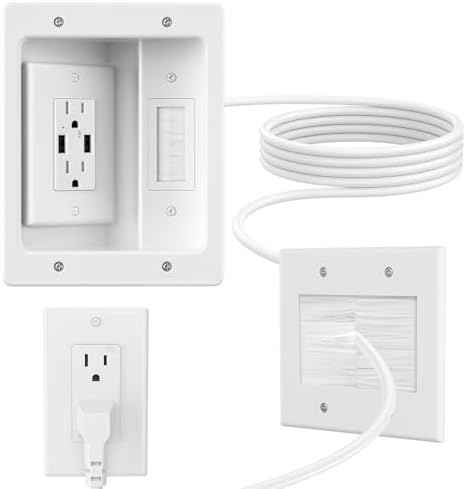in Wall Cable Management Kit with Brush Wall Plate,AC Outlets & USB-a Ports,9ft Cord,Hide Cords Recessed Wall Outlet for TV Cable Management,HDMI Cables and Home Theater Systems