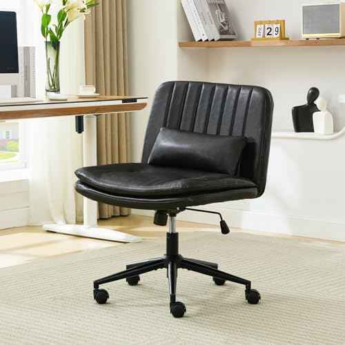 Criss Cross Chair with Wheels, Armless Comfy Thickened Cushion Wide Seat Cross Legged Office Chair with Pillow, Adjustable Swivel Mid Back Computer Task Vanity Home Office Desk Chair (PU, Black)