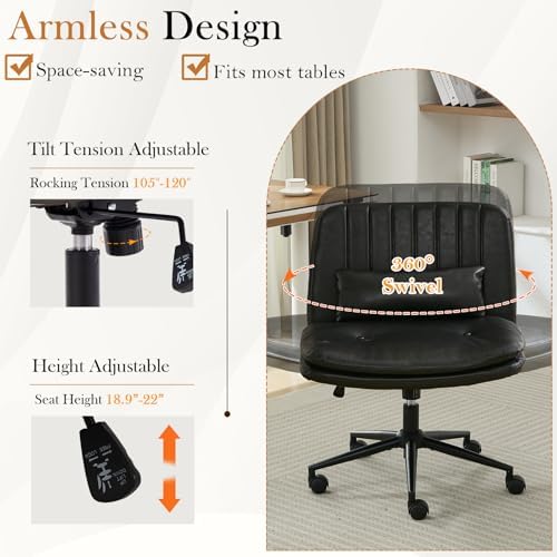 Criss Cross Chair with Wheels, Armless Comfy Thickened Cushion Wide Seat Cross Legged Office Chair with Pillow, Adjustable Swivel Mid Back Computer Task Vanity Home Office Desk Chair (PU, Black)