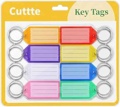 Cuttte 16 Pack Plastic Key Tags with Ring and Label Window 8 Colors