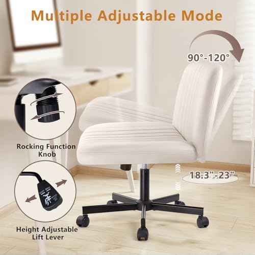 Criss Cross Chair with Wheels, Cross Legged Office Vanity Chair with Wheels, Comfortable Beige Vanity Chair with Back, Armless Fabric Adjustable Wide Swivel Criss Cross Desk Chair for Home Office